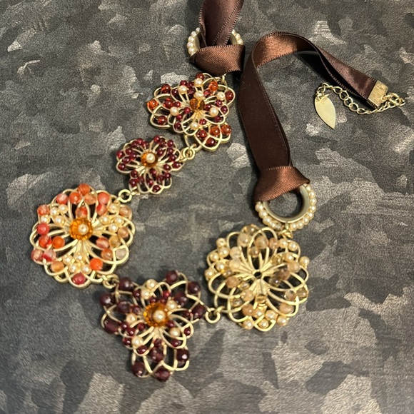 Coldwater Creek Floral Beaded Gold Wire Collar Bib Ribbon Necklace Flowers - Picture 5 of 5